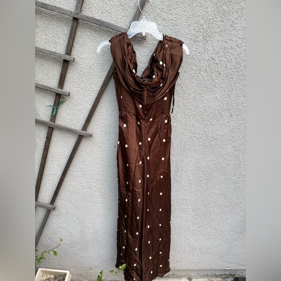LPA Luisa Polka Dot Midi Dress Detachable Scarf Brown Cream NEW with tags! - Picture 12 of 13